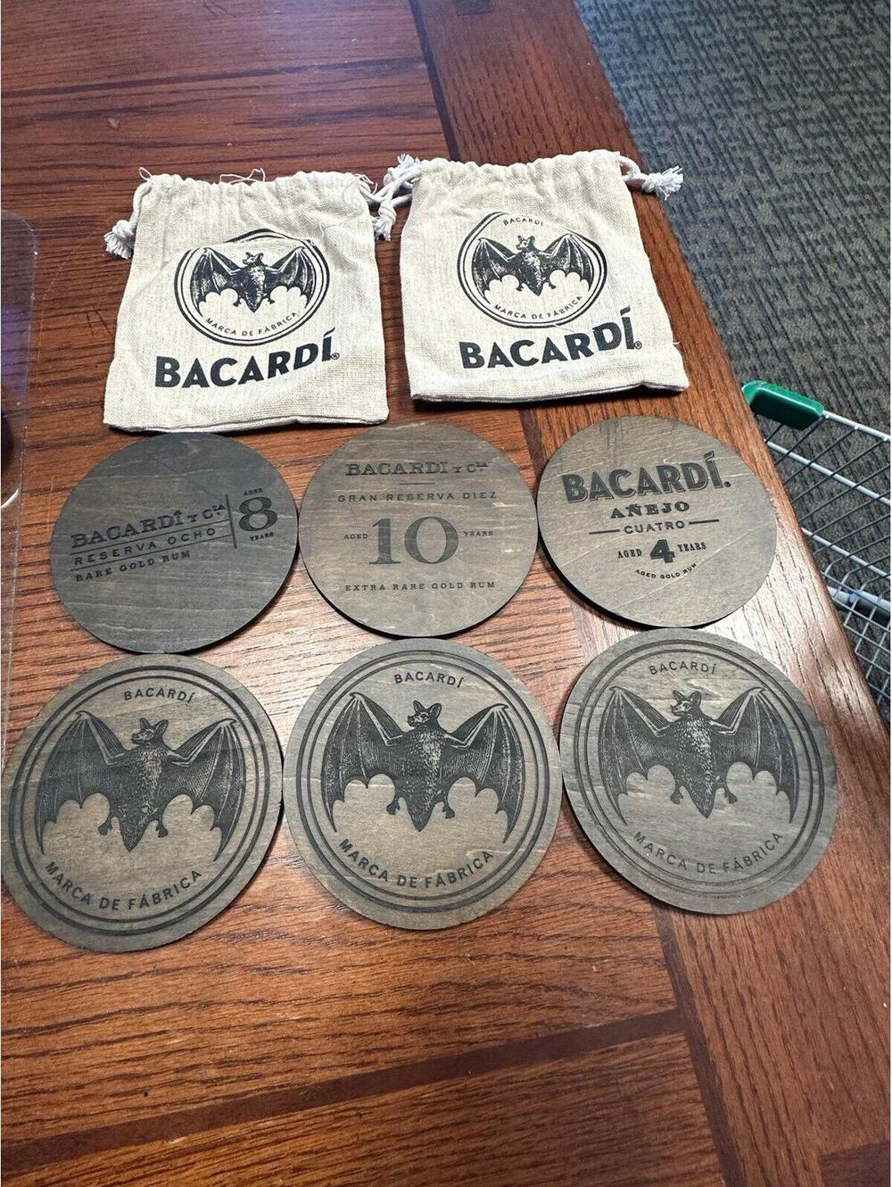 Set of 6 Bacardi Wooden Coasters w/ drawstring Bags Ocho Quatro Gran